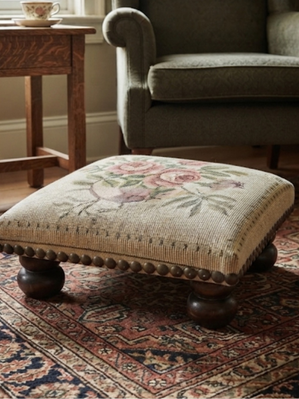 Vintage Petite Needlepoint Footstool Pomegranate Tapestry Wood Bun Feet 12" Sq